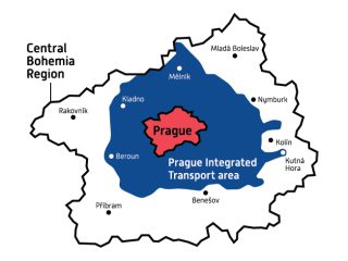Borders of Prague Integrated Transport area compared with administrative and political division of the Prague metropolitan region