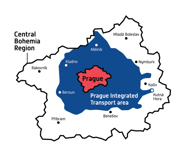 Borders of Prague Integrated Transport area compared with administrative and political division of the Prague metropolitan region