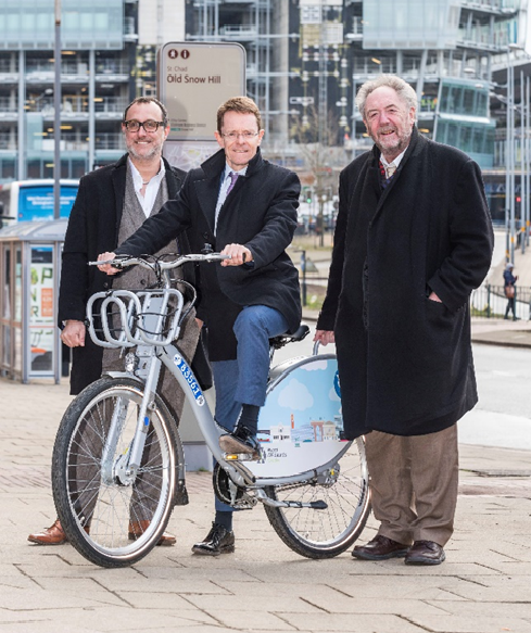 Julian Scriven of nextbike UK LTD, left, Mayor of the West Midlands Andy Street and Cllr Roger Lawrence.