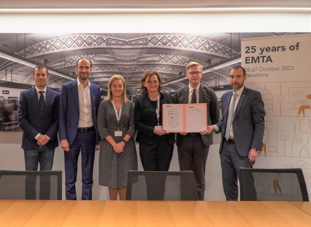 Marco Gabusi, Grégoire de Lasteyrie, Carla Tavares, Dorthe Nøhr Pedersen, Anton Fendert and Laurent Probst, signatories of the EMTA Barcelona Declaration on 27 October 2023