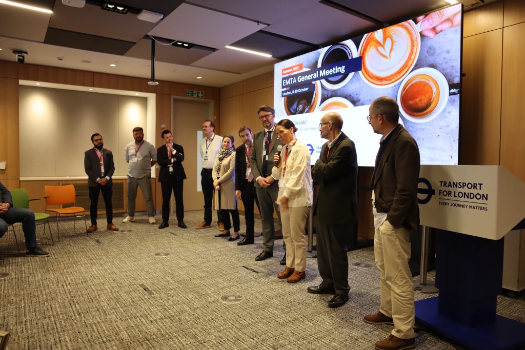 Members of the new EMTA Board during the EMTA General Meeting in London, left to right: Sandeep Shingadia, Lukasz Franek, Alexander Schierhuber, Alex Williams, Laura Delgado, Laurent Probst, Erik Norling, Elisabeth Skarsbo Moen, Faustino Gomes, Manuel Valdés